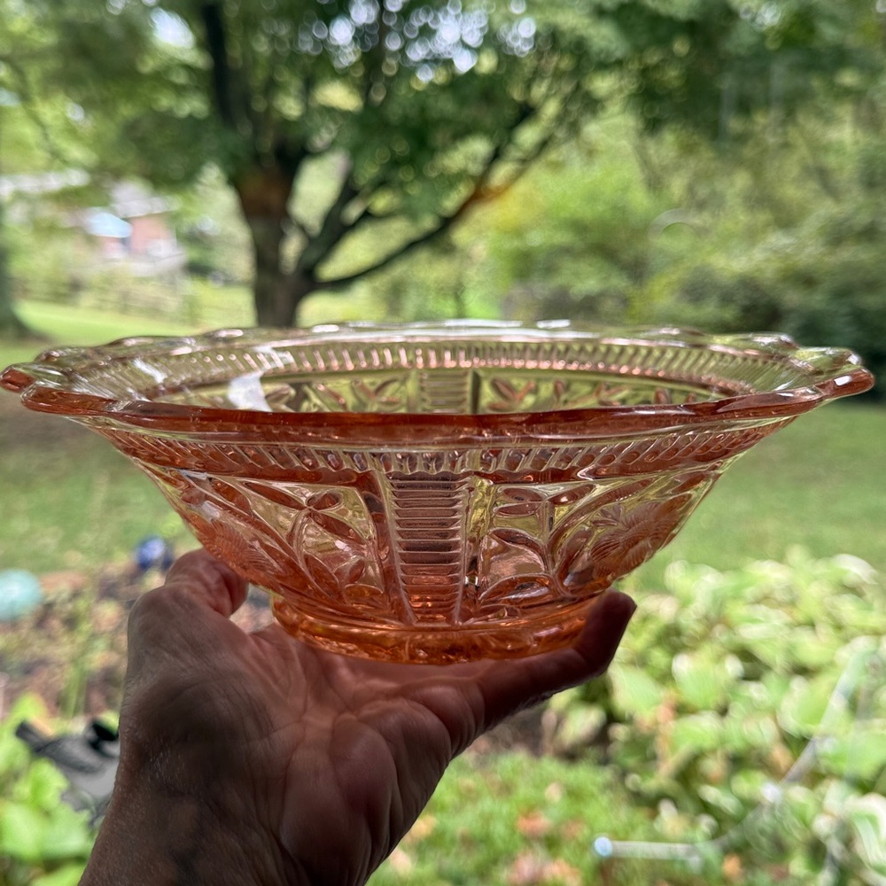Pink Depression Glass Bowl with Floral Design Vintage